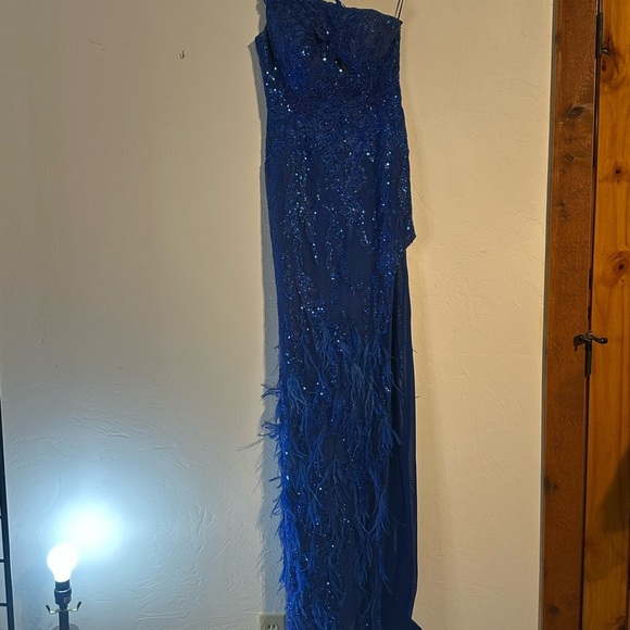 Portia and Scarlett Royal Blue Feathered Gown - Picture 1 of 14
